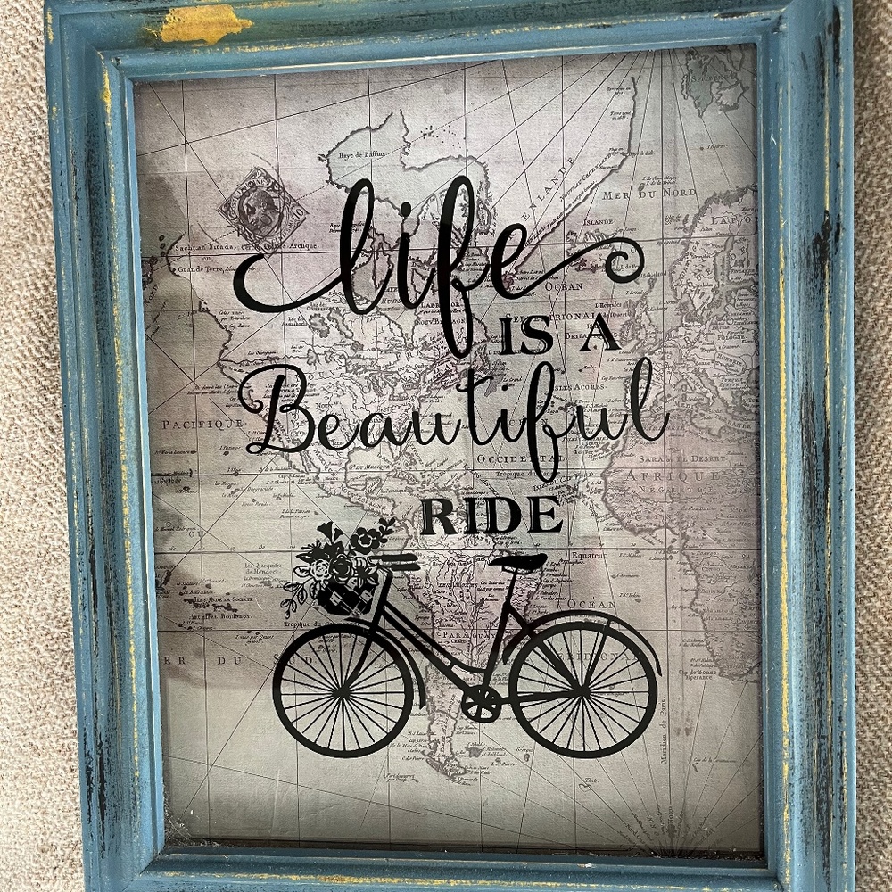 Life Is A Beautiful Ride in Rustic Blue Frame w Map Background